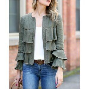 INC International Concepts Jacket Women Small Green 100% Linen Lagenlook Ruffled